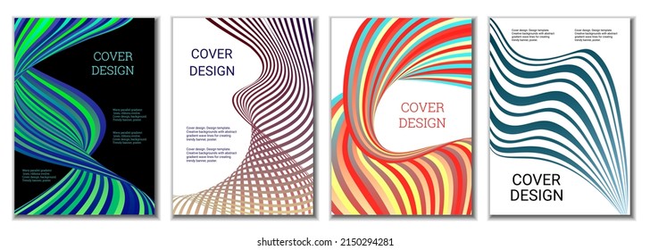 A set of 4 abstract covers. Wavy parallel gradient lines, ribbons evolve. Cover design, background. Trendy banner, poster.