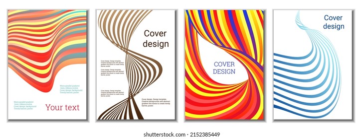 A set of 4 abstract covers. Wavy parallel gradient lines, ribbons evolve. Cover design, background. Trendy banner, poster.