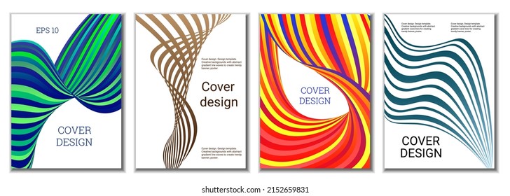 A set of 4 abstract covers. Wavy parallel gradient lines, ribbons evolve. Cover design, background. Trendy banner, poster.