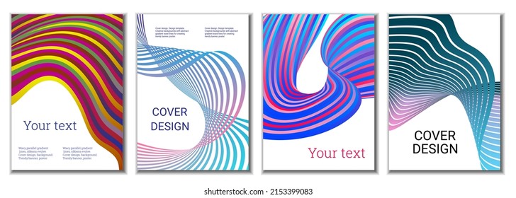 A set of 4 abstract covers. Wavy parallel gradient lines, ribbons evolve. Cover design, background. Trendy banner, poster.