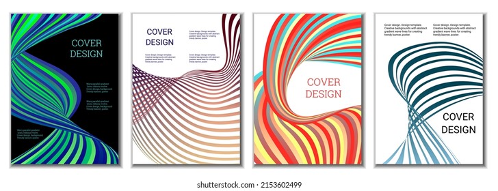 A set of 4 abstract covers. Wavy parallel gradient lines, ribbons evolve. Cover design, background. Trendy banner, poster.