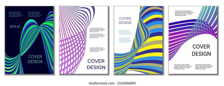 A set of 4 abstract covers. Wavy parallel gradient lines, ribbons evolve. Cover design, background. Trendy banner, poster.