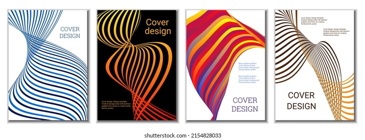 A set of 4 abstract covers. Wavy parallel gradient lines, ribbons evolve. Cover design, background. Trendy banner, poster.