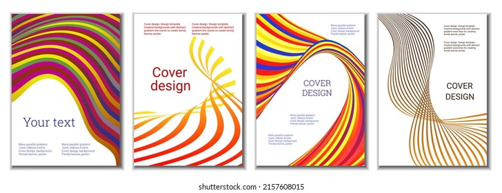 A set of 4 abstract covers. Wavy parallel gradient lines, ribbons evolve. Cover design, background. Trendy banner, poster.