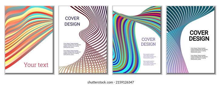 A set of 4 abstract covers. Wavy parallel gradient lines, ribbons evolve. Cover design, background. Trendy banner, poster.