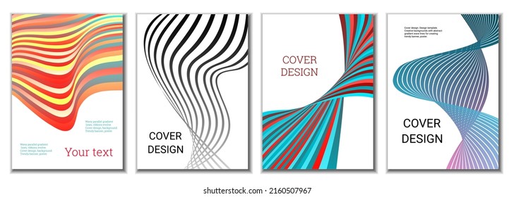 A set of 4 abstract covers. Wavy parallel gradient lines, ribbons evolve. Cover design, background. Trendy banner, poster.