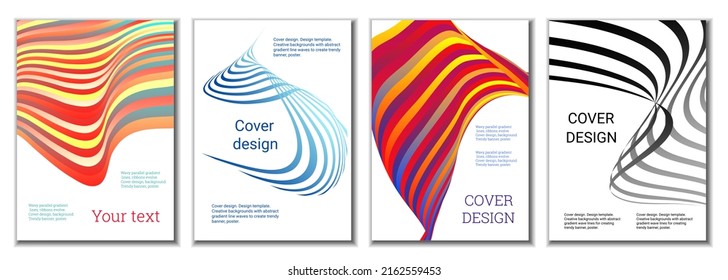 A set of 4 abstract covers. Wavy parallel gradient lines, ribbons evolve. Cover design, background. Trendy banner, poster.