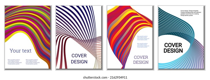 A set of 4 abstract covers. Wavy parallel gradient lines, ribbons evolve. Cover design, background. Trendy banner, poster.