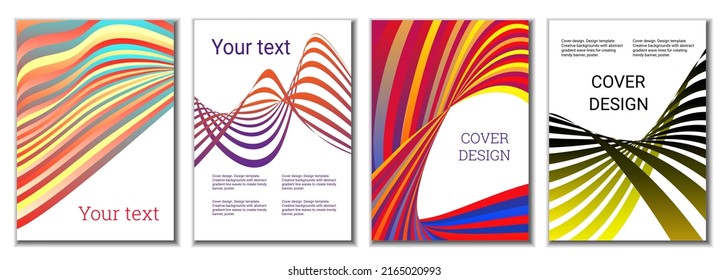 A set of 4 abstract covers. Wavy parallel gradient lines, ribbons evolve. Cover design, background. Trendy banner, poster.