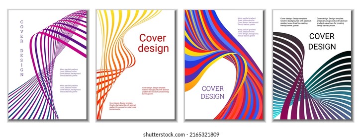 A set of 4 abstract covers. Wavy parallel gradient lines, ribbons evolve. Cover design, background. Trendy banner, poster.