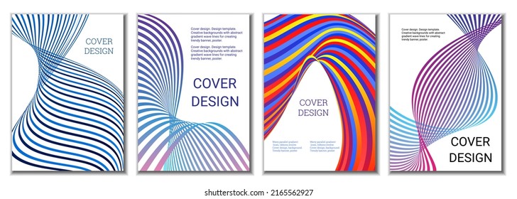 A set of 4 abstract covers. Wavy parallel gradient lines, ribbons evolve. Cover design, background. Trendy banner, poster.