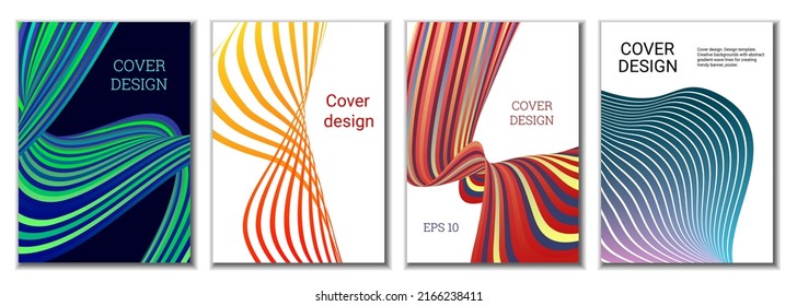 A set of 4 abstract covers. Wavy parallel gradient lines, ribbons evolve. Cover design, background. Trendy banner, poster.