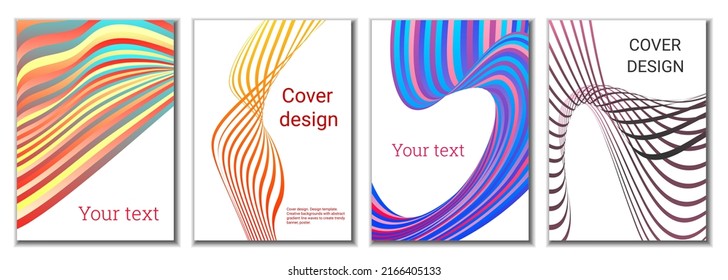 A set of 4 abstract covers. Wavy parallel gradient lines, ribbons evolve. Cover design, background. Trendy banner, poster.