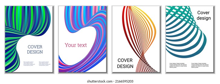 A set of 4 abstract covers. Wavy parallel gradient lines, ribbons evolve. Cover design, background. Trendy banner, poster.