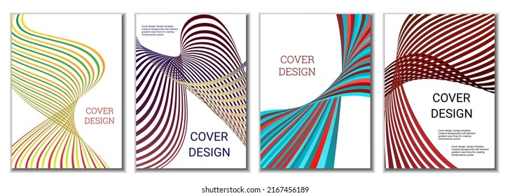 A set of 4 abstract covers. Wavy parallel gradient lines, ribbons evolve. Cover design, background. Trendy banner, poster.