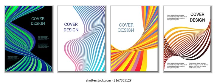 A set of 4 abstract covers. Wavy parallel gradient lines, ribbons evolve. Cover design, background. Trendy banner, poster.