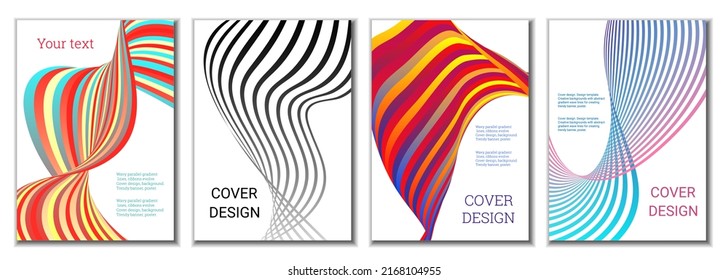 A set of 4 abstract covers. Wavy parallel gradient lines, ribbons evolve. Cover design, background. Trendy banner, poster.