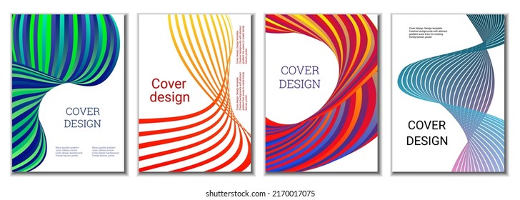 A set of 4 abstract covers. Wavy parallel gradient lines, ribbons evolve. Cover design, background. Trendy banner, poster.