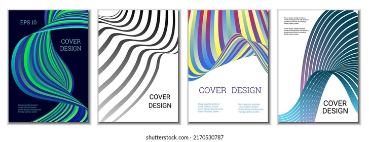 A set of 4 abstract covers. Wavy parallel gradient lines, ribbons evolve. Cover design, background. Trendy banner, poster.