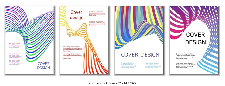 A set of 4 abstract covers. Wavy parallel gradient lines, ribbons evolve. Cover design, background. Trendy banner, poster.