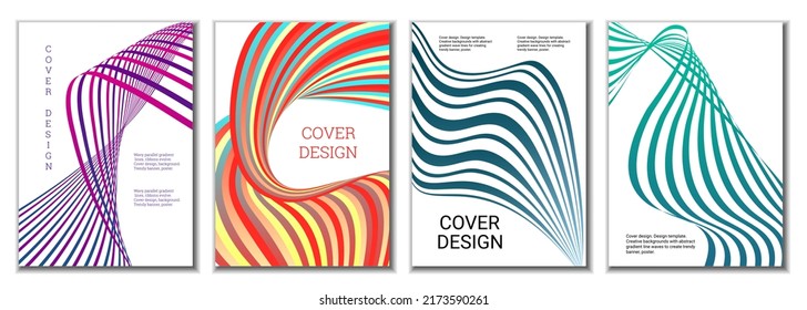 A set of 4 abstract covers. Wavy parallel gradient lines, ribbons evolve. Cover design, background. Trendy banner, poster.
