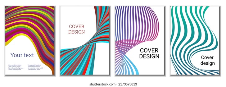 A set of 4 abstract covers. Wavy parallel gradient lines, ribbons evolve. Cover design, background. Trendy banner, poster.