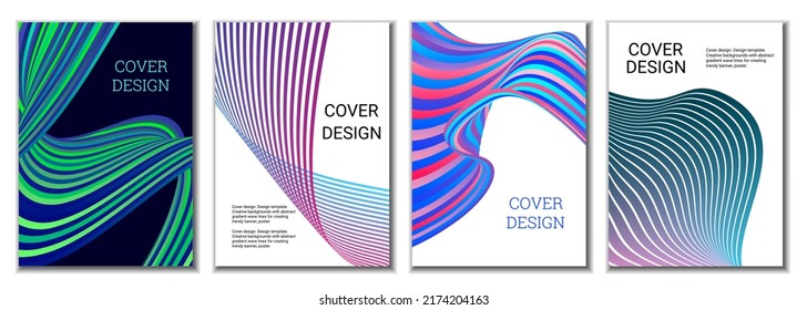 A set of 4 abstract covers. Wavy parallel gradient lines, ribbons evolve. Cover design, background. Trendy banner, poster.