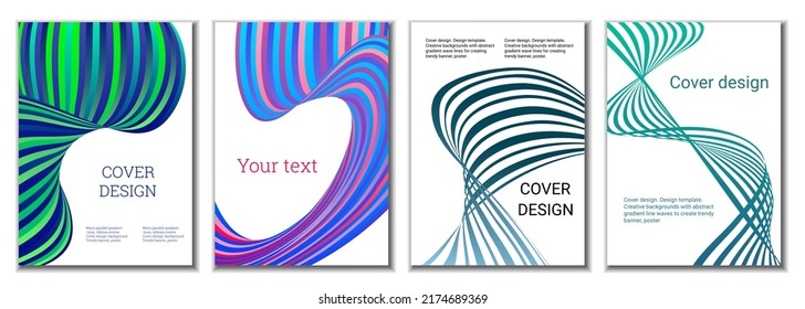 A set of 4 abstract covers. Wavy parallel gradient lines, ribbons evolve. Cover design, background. Trendy banner, poster.