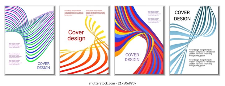 A set of 4 abstract covers. Wavy parallel gradient lines, ribbons evolve. Cover design, background. Trendy banner, poster.