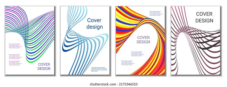 A set of 4 abstract covers. Wavy parallel gradient lines, ribbons evolve. Cover design, background. Trendy banner, poster.