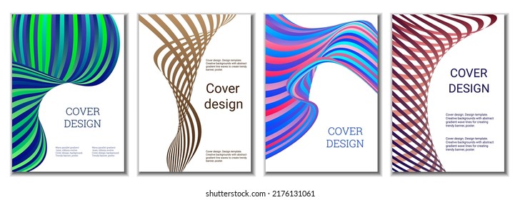 A set of 4 abstract covers. Wavy parallel gradient lines, ribbons evolve. Cover design, background. Trendy banner, poster.