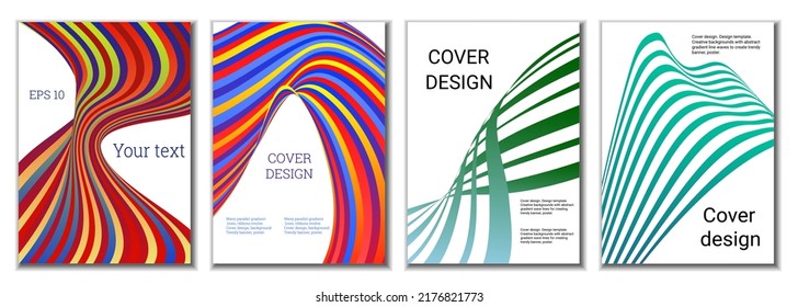 A set of 4 abstract covers. Wavy parallel gradient lines, ribbons evolve. Cover design, background. Trendy banner, poster.