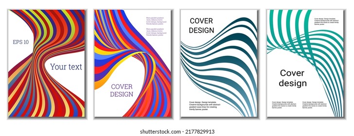 A set of 4 abstract covers. Wavy parallel gradient lines, ribbons evolve. Cover design, background. Trendy banner, poster.