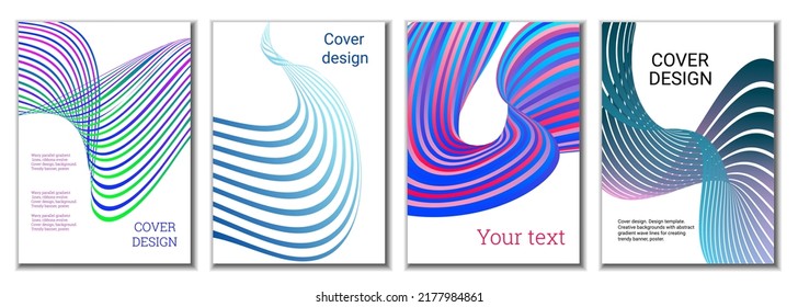 A set of 4 abstract covers. Wavy parallel gradient lines, ribbons evolve. Cover design, background. Trendy banner, poster.