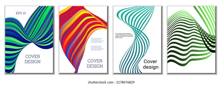 A set of 4 abstract covers. Wavy parallel gradient lines, ribbons evolve. Cover design, background. Trendy banner, poster.