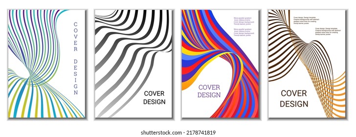 A set of 4 abstract covers. Wavy parallel gradient lines, ribbons evolve. Cover design, background. Trendy banner, poster.