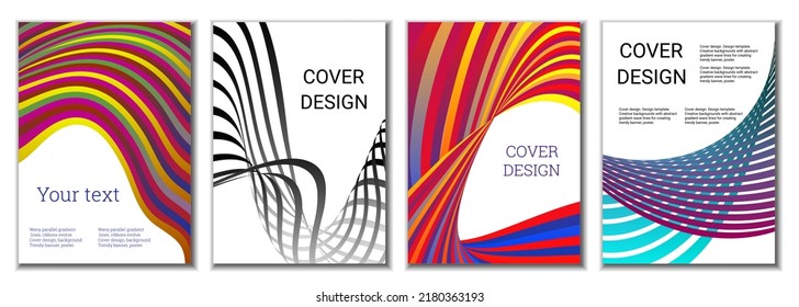 A set of 4 abstract covers. Wavy parallel gradient lines, ribbons evolve. Cover design, background. Trendy banner, poster.