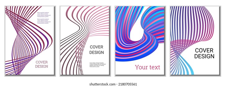 A set of 4 abstract covers. Wavy parallel gradient lines, ribbons evolve. Cover design, background. Trendy banner, poster.
