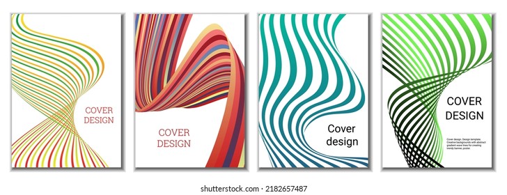 A set of 4 abstract covers. Wavy parallel gradient lines, ribbons evolve. Cover design, background. Trendy banner, poster.