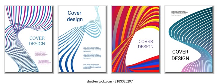 A set of 4 abstract covers. Wavy parallel gradient lines, ribbons evolve. Cover design, background. Trendy banner, poster.