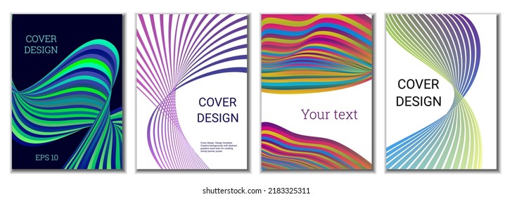 A set of 4 abstract covers. Wavy parallel gradient lines, ribbons evolve. Cover design, background. Trendy banner, poster.