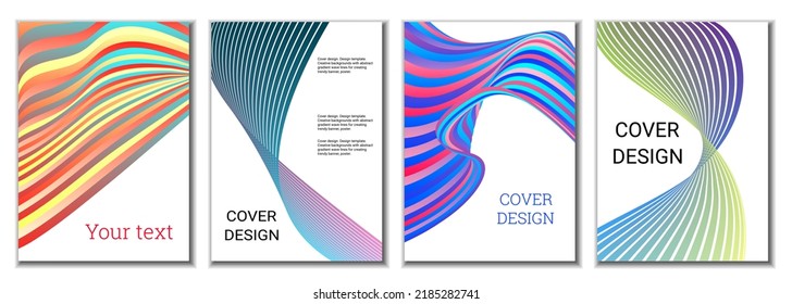 A set of 4 abstract covers. Wavy parallel gradient lines, ribbons evolve. Cover design, background. Trendy banner, poster.