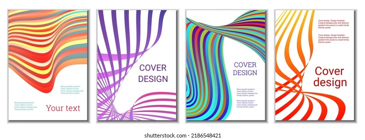 A set of 4 abstract covers. Wavy parallel gradient lines, ribbons evolve. Cover design, background. Trendy banner, poster.