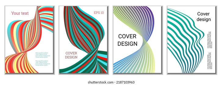 A set of 4 abstract covers. Wavy parallel gradient lines, ribbons evolve. Cover design, background. Trendy banner, poster.