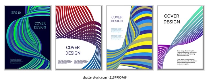 A set of 4 abstract covers. Wavy parallel gradient lines, ribbons evolve. Cover design, background. Trendy banner, poster.