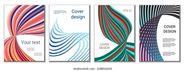 Ein Satz von 4 abstrakten Titelbildern. Weit parallele Farblinien, Bänder entwickeln sich. Cover-Design, Hintergrund. Trendbanner, Poster.