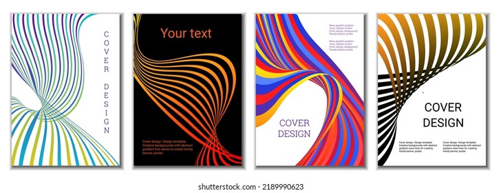 A set of 4 abstract covers. Wavy parallel gradient lines, ribbons evolve. Cover design, background. Trendy banner, poster.