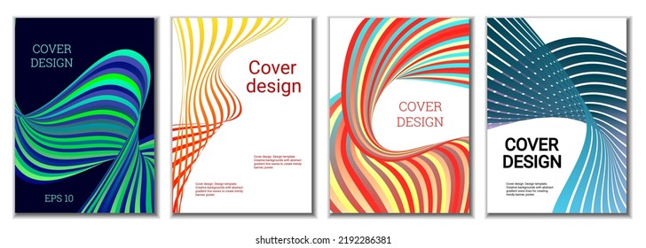 A set of 4 abstract covers. Wavy parallel gradient lines, ribbons evolve. Cover design, background. Trendy banner, poster.