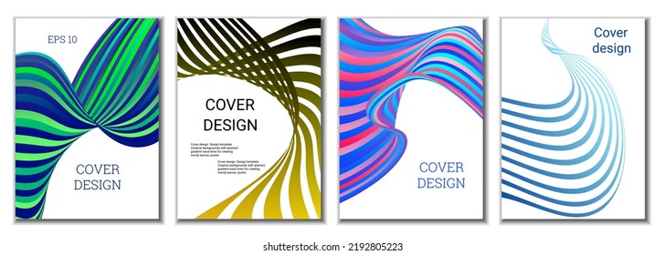 A set of 4 abstract covers. Wavy parallel gradient lines, ribbons evolve. Cover design, background. Trendy banner, poster.