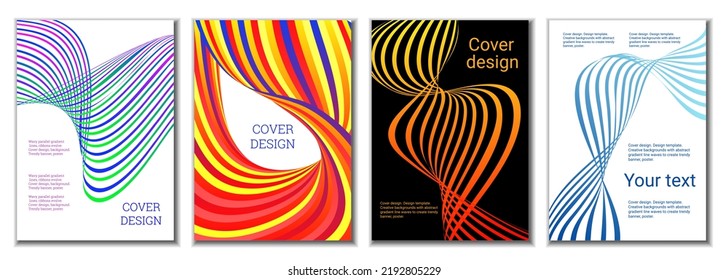 A set of 4 abstract covers. Wavy parallel gradient lines, ribbons evolve. Cover design, background. Trendy banner, poster.